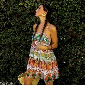 ZARA Boho Geometric Strappy Embroidered Flowy Mini Dress Sz S NWT